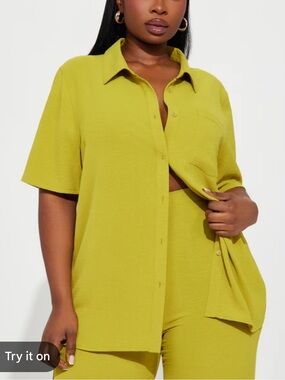 Fashion Nova Olive Short Sleeve Button-Up Shirt